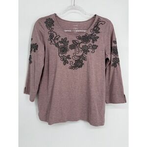 Pure Jill J. Jill Floral Embroidered Pima Cotton Top Mauve Sz XS 3/4 Sleeve